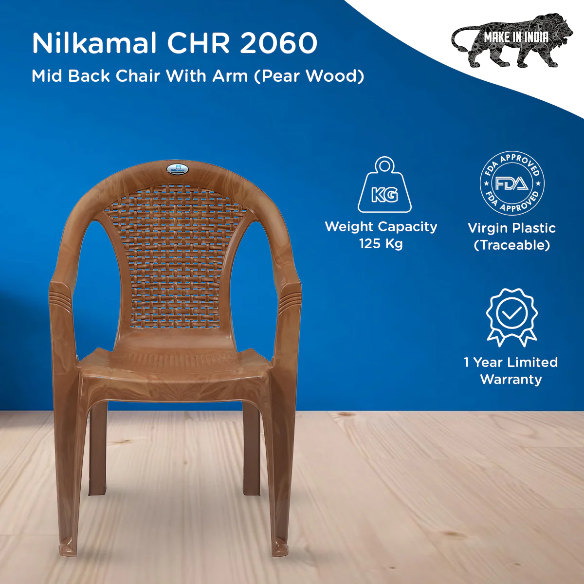 Nilkamal CHR2051 Plastic Arm Chair (Pear Wood) - Image 4