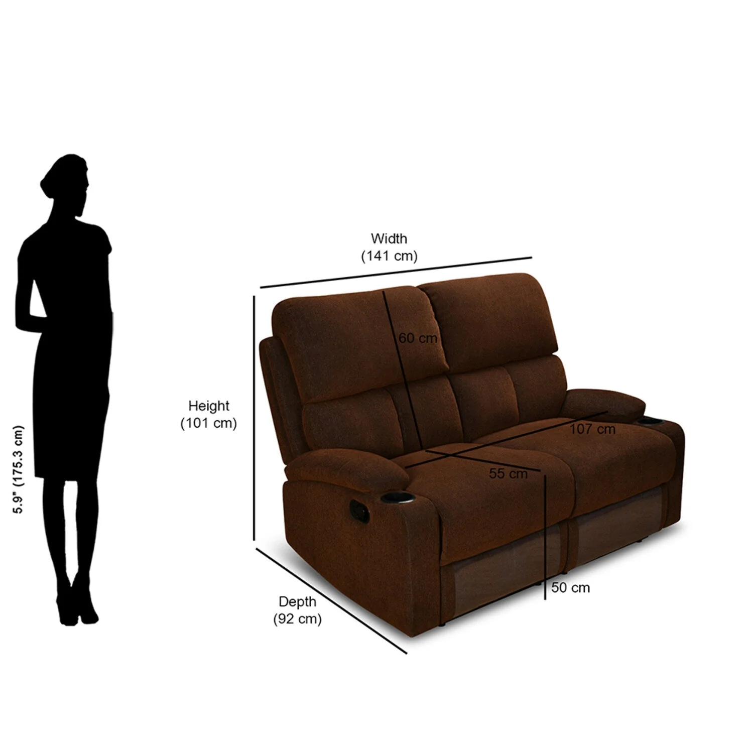 Nilkamal Matt 2 Seater Recliner Sofa with Cup Holder (Cocoa) - Image 10