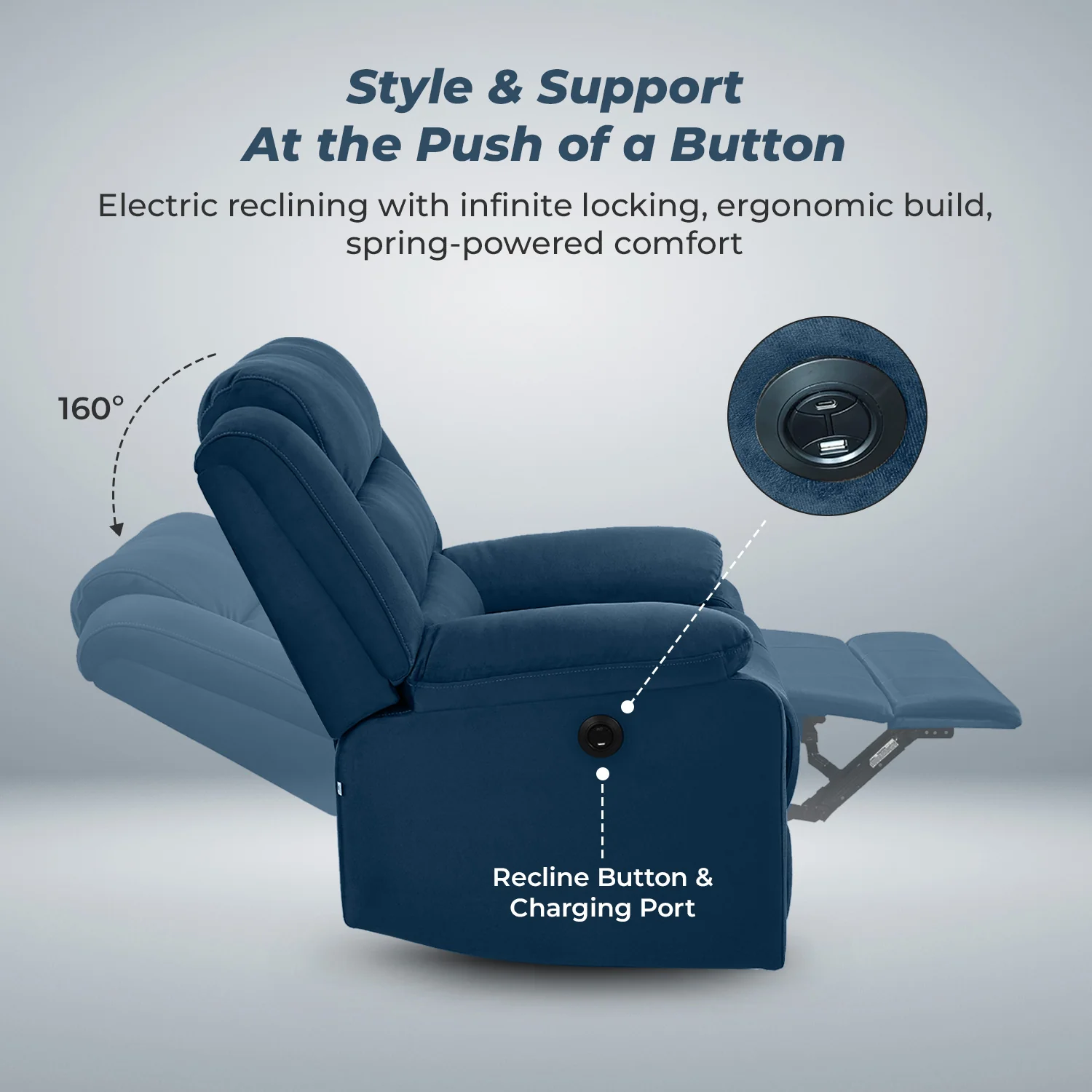 Nilkamal Sierra 1 Seater Electric Recliner Sofa (Blue) - Image 3