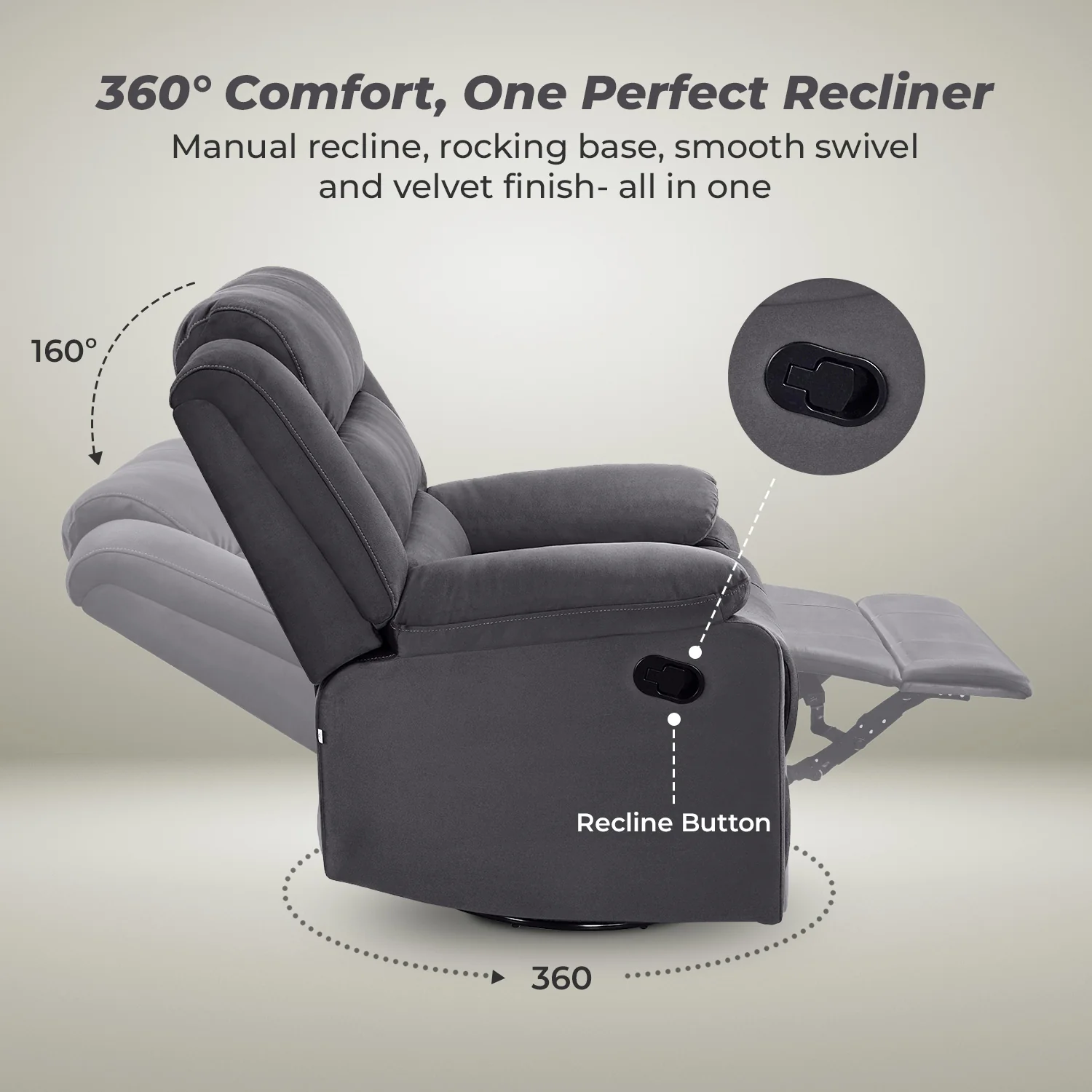 Nilkamal Sierra 1 Seater Rocker & Swivel Recliner Sofa (Brown) - Image 3