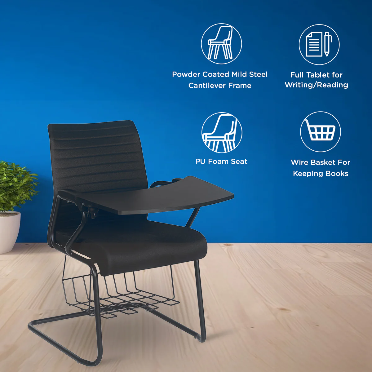 Nilkamal Thames Training Fabric Chair with Writing Shelf (Black) - Image 3